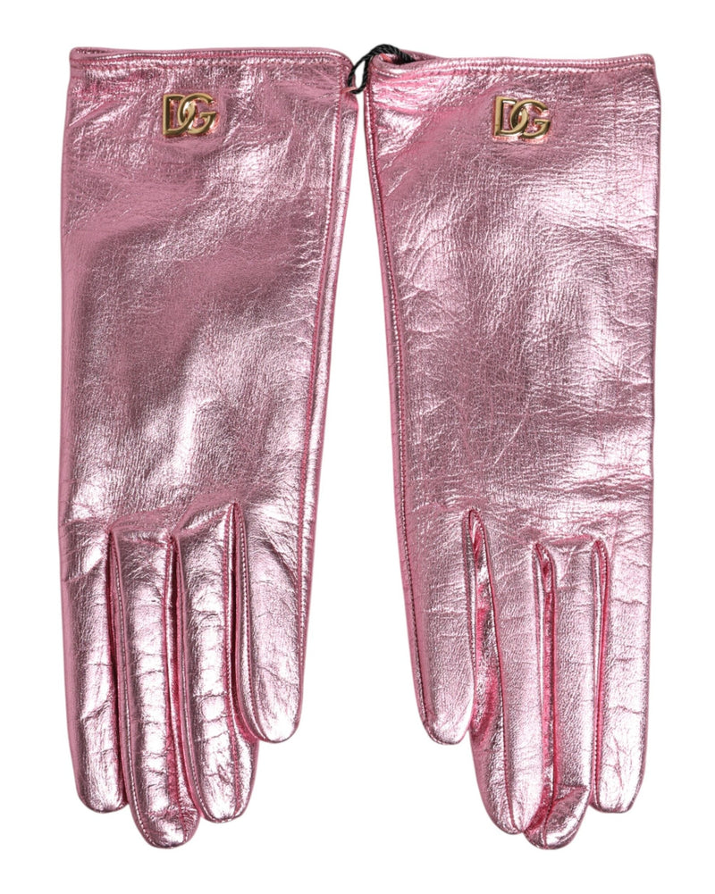 Dolce & Gabbana Pink Leather Dg Logo Wrist Length Mitten Gloves Glam Steals
