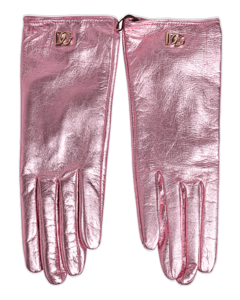 Dolce & Gabbana Pink Leather Dg Logo Wrist Length Mitten Gloves Glam Steals