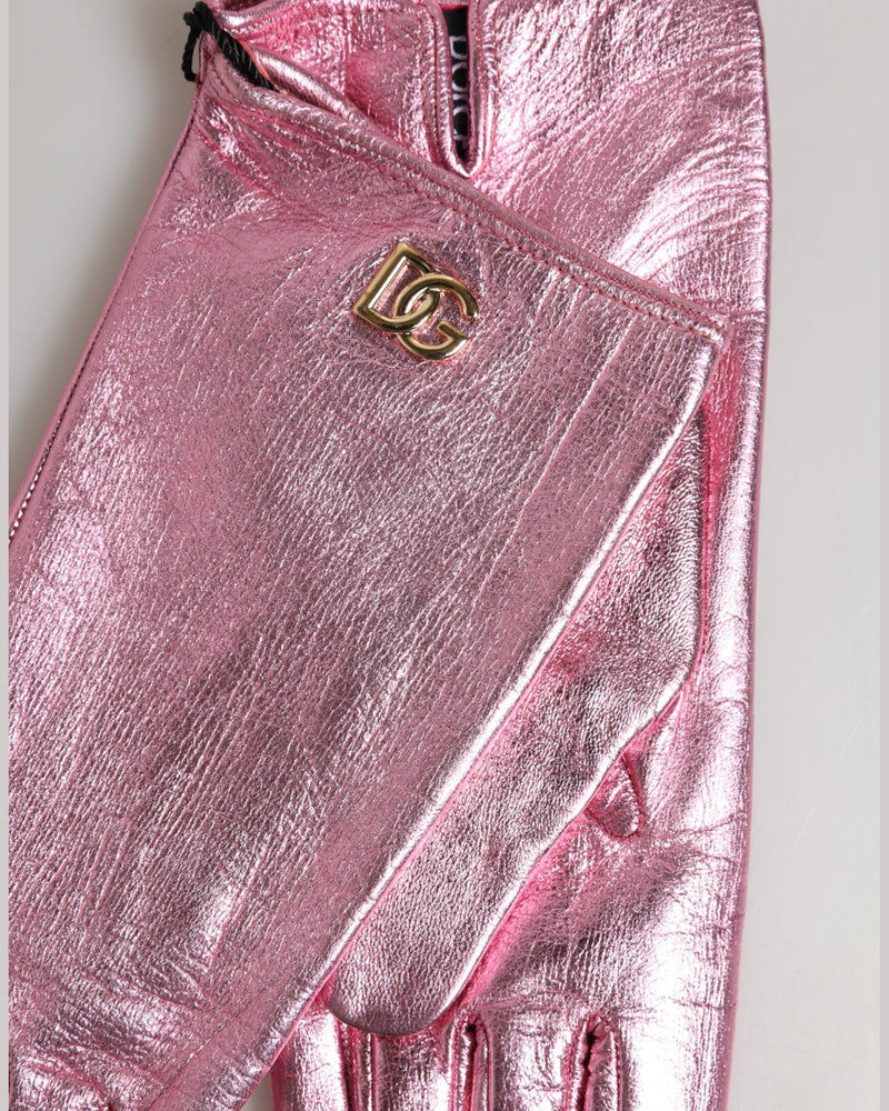 Dolce & Gabbana Pink Leather Dg Logo Wrist Length Mitten Gloves Glam Steals