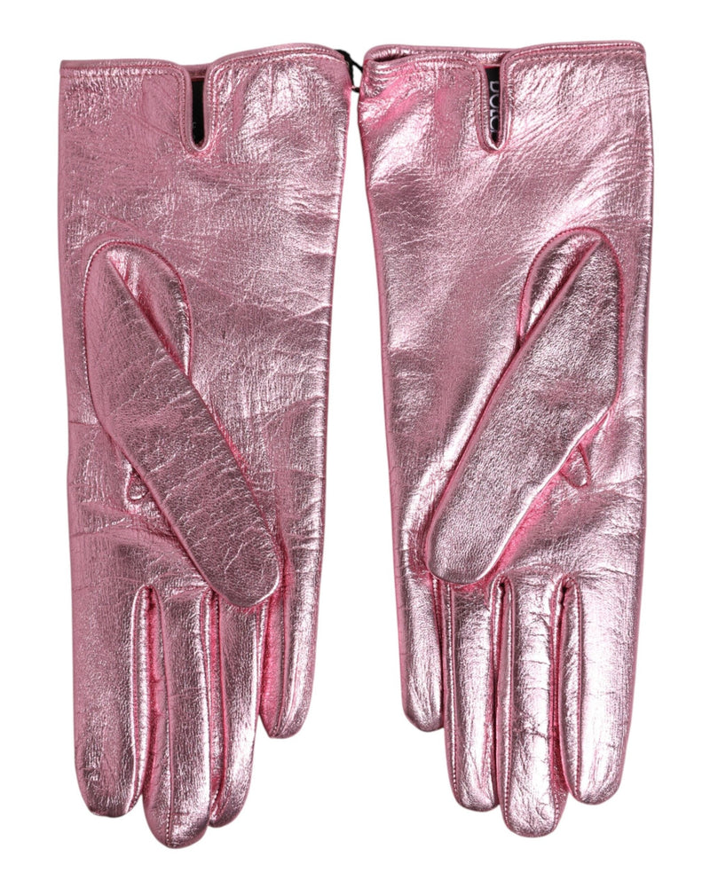 Dolce & Gabbana Pink Leather Dg Logo Wrist Length Mitten Gloves Glam Steals