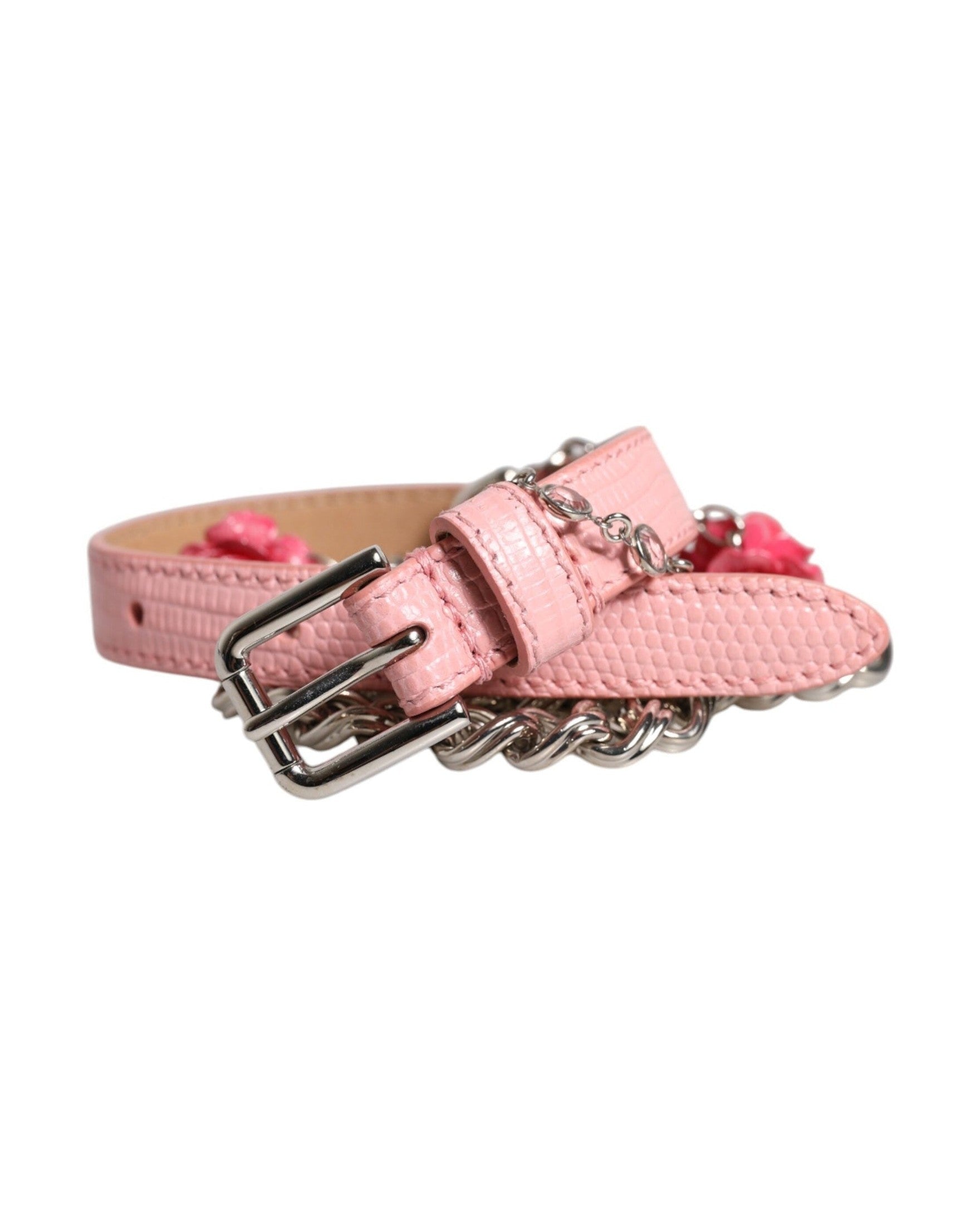 Dolce & Gabbana Pink Leather Embelished Roses Textured Belt Glam Steals