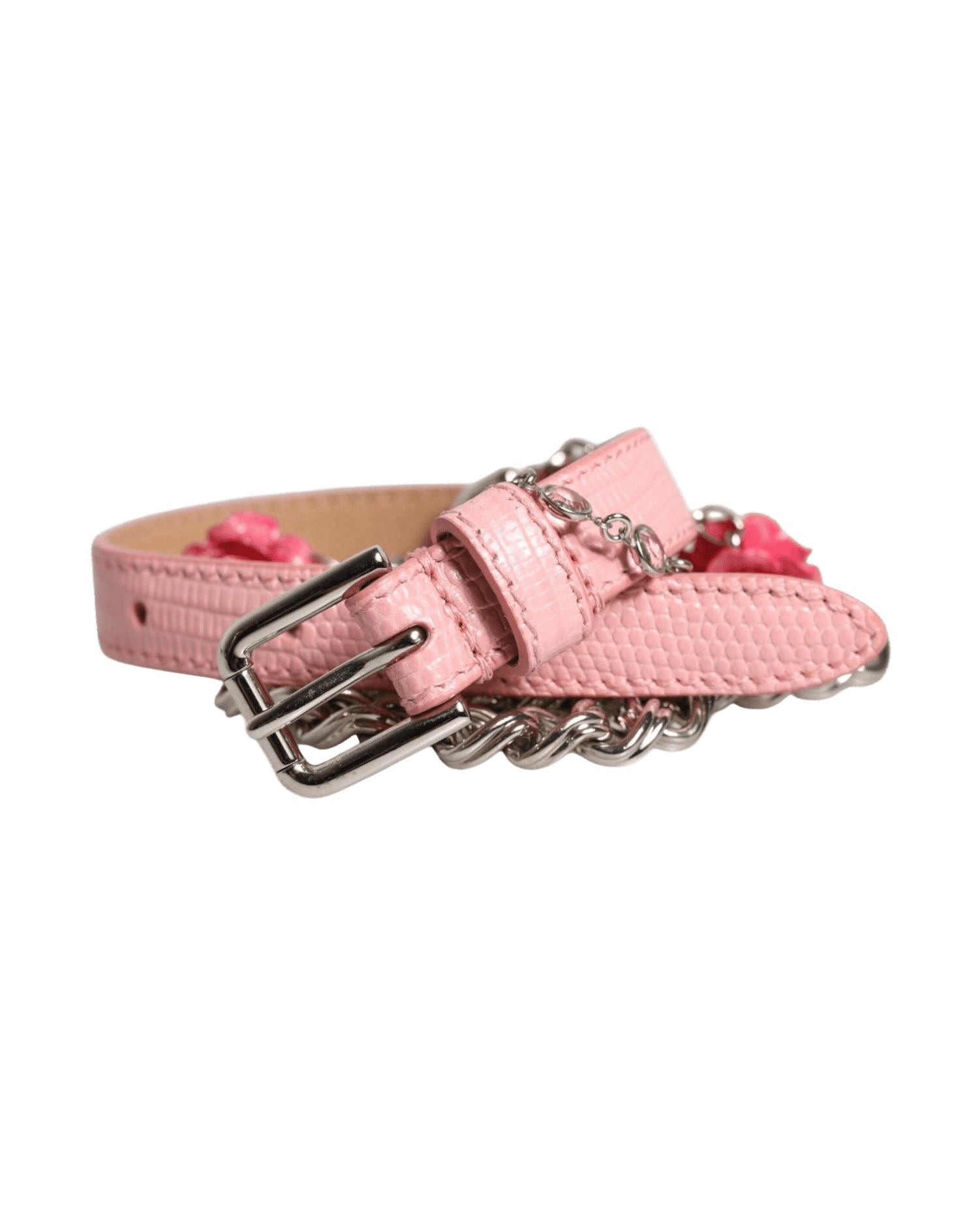 Dolce & Gabbana Pink Leather Embelished Roses Textured Belt Glam Steals