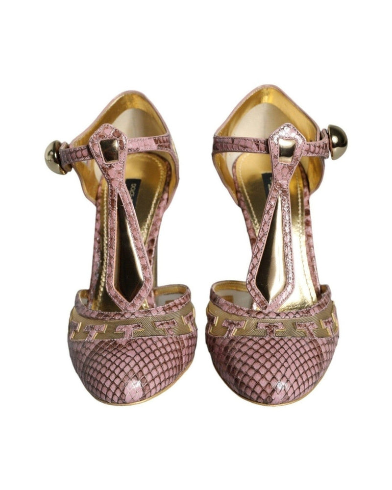 Dolce & Gabbana Pink Gold Leather Pumps T-Strap Sandals Shoes Glam Steals