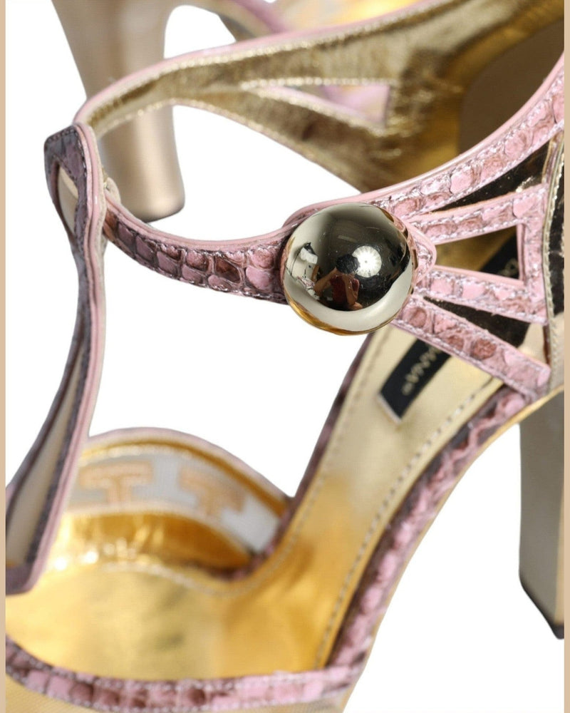 Dolce & Gabbana Pink Gold Leather Pumps T-Strap Sandals Shoes Glam Steals
