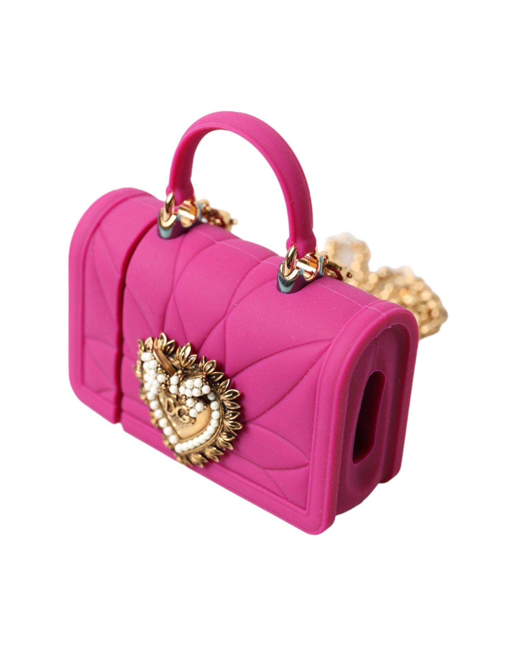 Dolce & Gabbana Pink Silicone Devotion Heart Bag Gold Chain Airpods Case Glam Steals