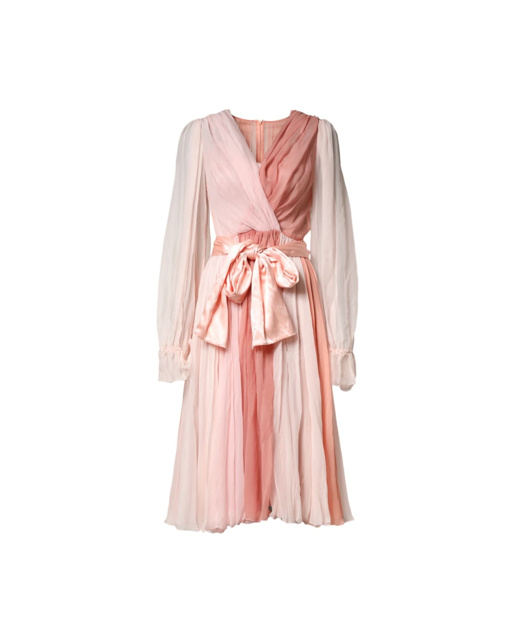 Dolce & Gabbana Pink Silk Tulle Long Sleeve V Neck Dress Dresses
