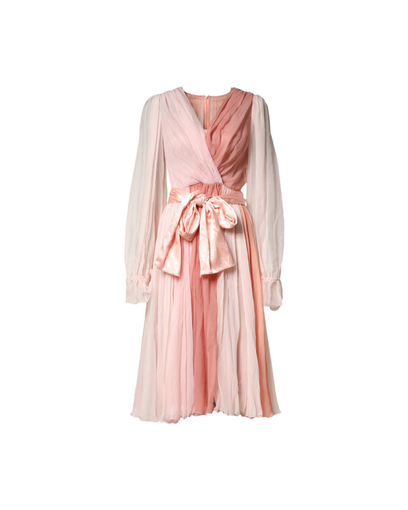 Dolce & Gabbana Pink Silk Tulle Long Sleeve V Neck Dress Glam Steals