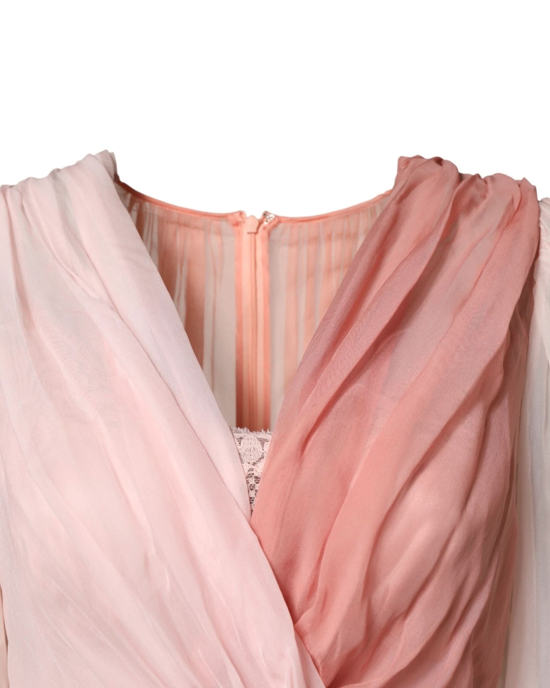 Dolce & Gabbana Pink Silk Tulle Long Sleeve V Neck Dress Dresses