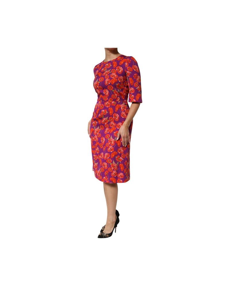 Dolce & Gabbana Purple Silk Floral Print Midi Sheath Dress 