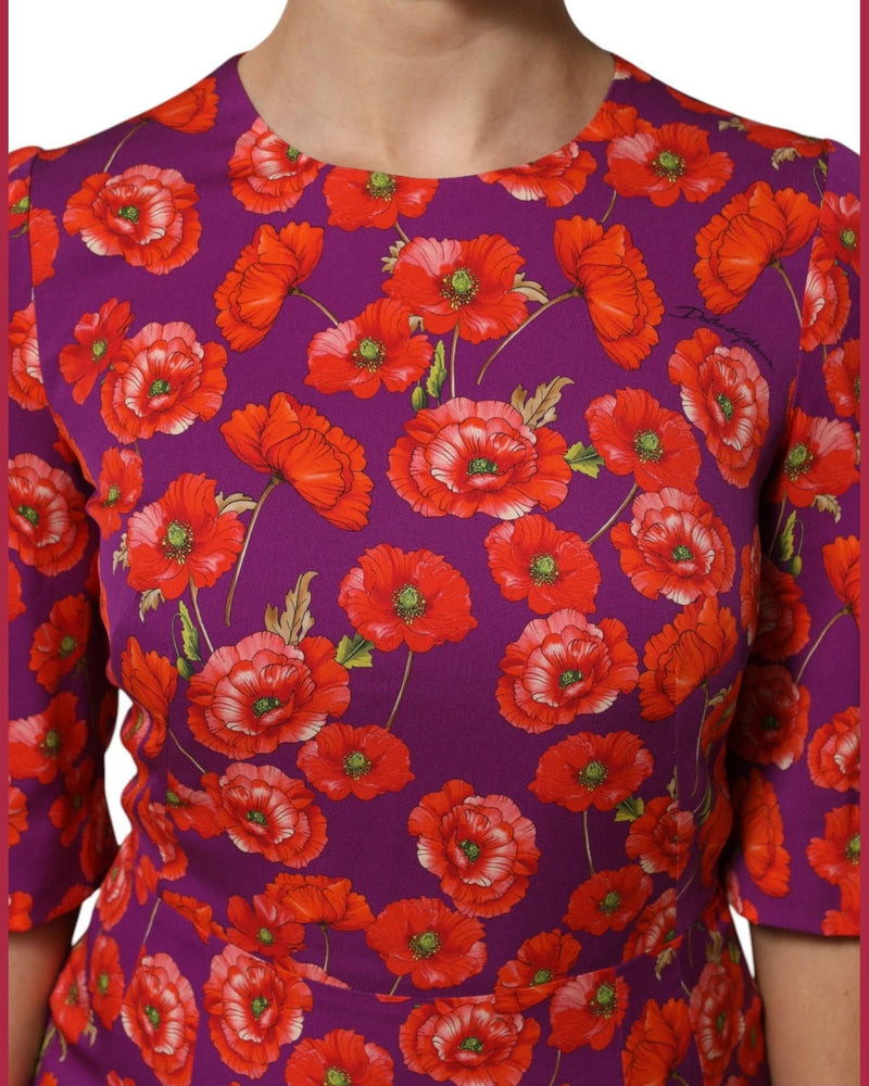 Dolce & Gabbana Purple Silk Floral Print Midi Sheath Dress 