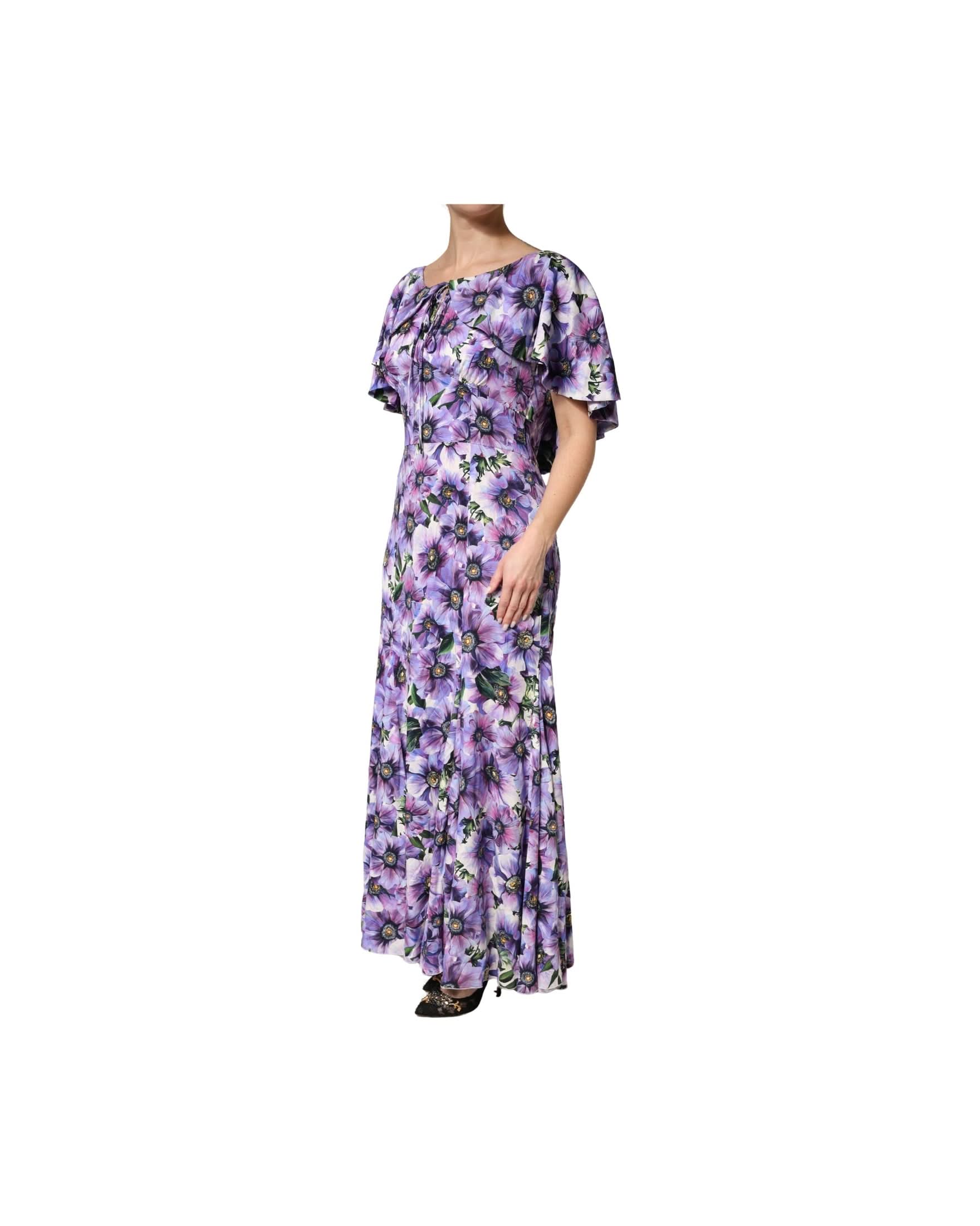 Dolce & Gabbana Purple Silk Floral Stretch Elegant Gown Dress 
