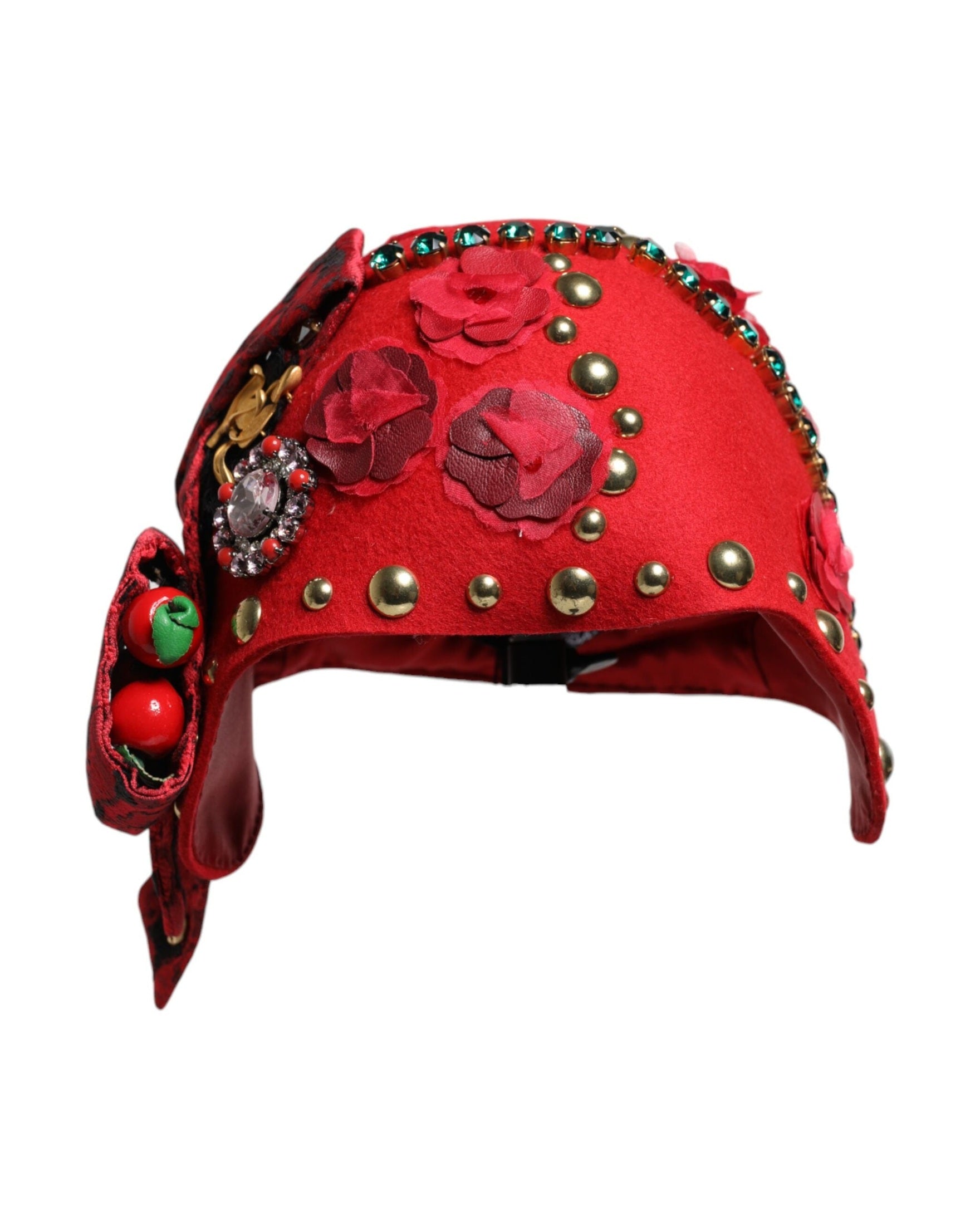Dolce & Gabbana Red Crystal Gold Roses Brooch Embellished Hat Glam Steals