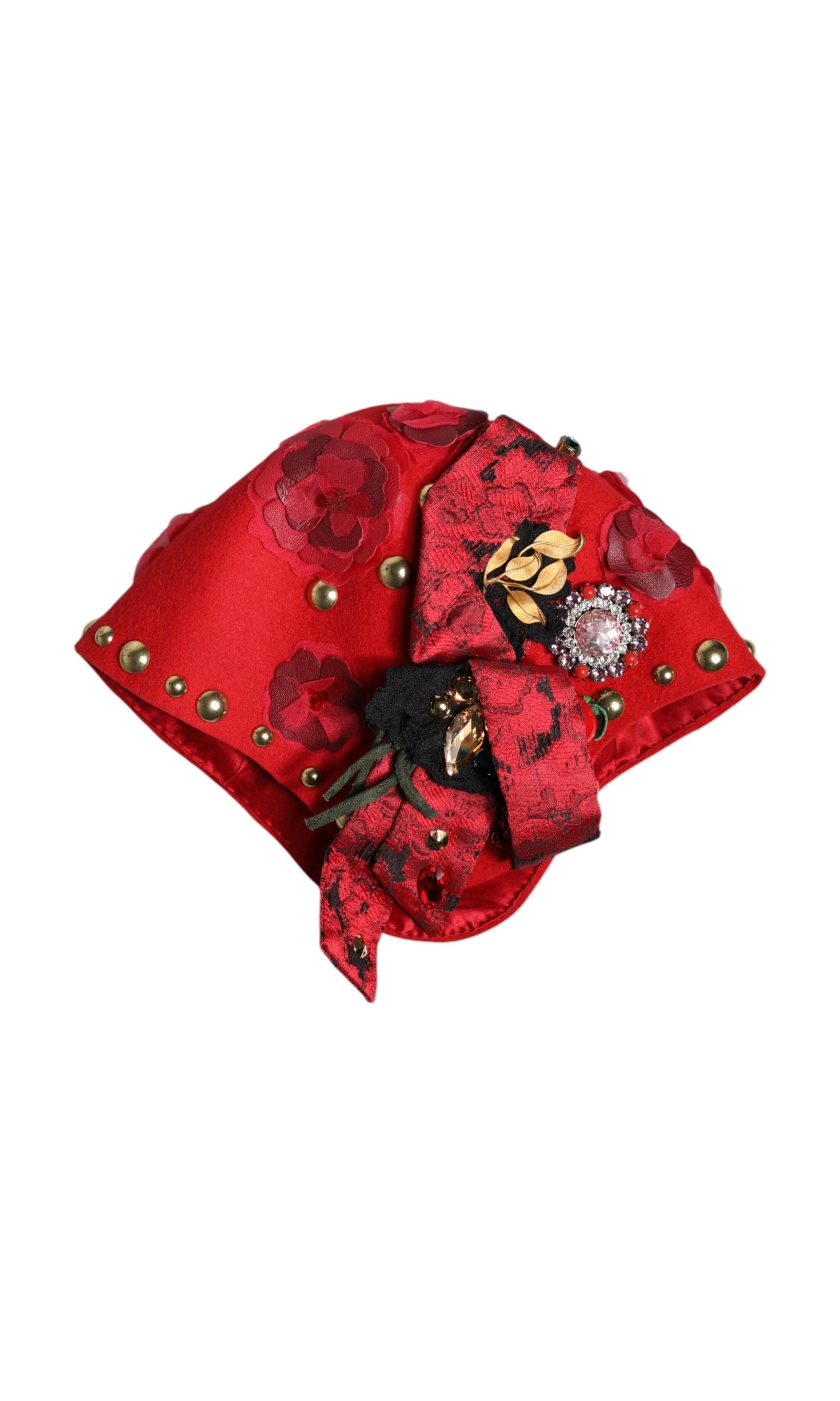 Dolce & Gabbana Red Crystal Gold Roses Brooch Embellished Hat Glam Steals