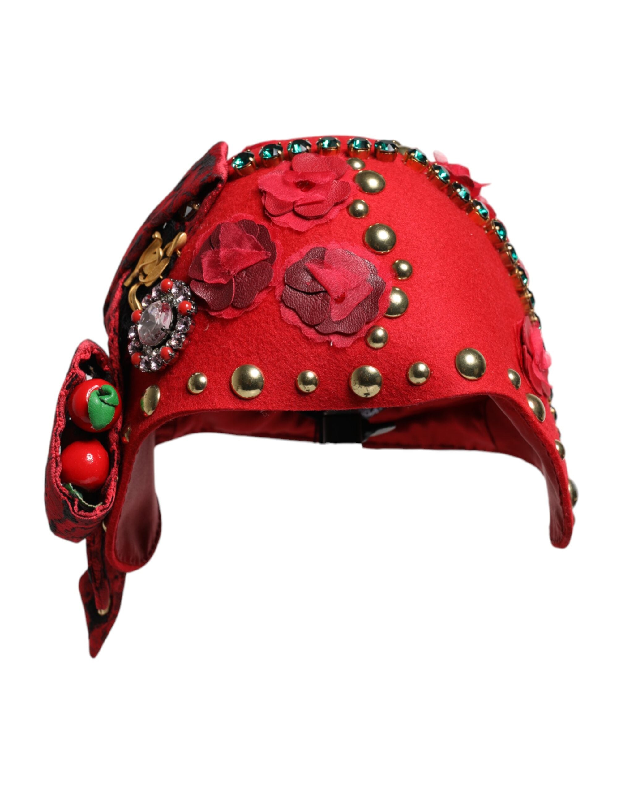 Dolce & Gabbana Red Crystal Gold Roses Brooch Embellished Hat Glam Steals