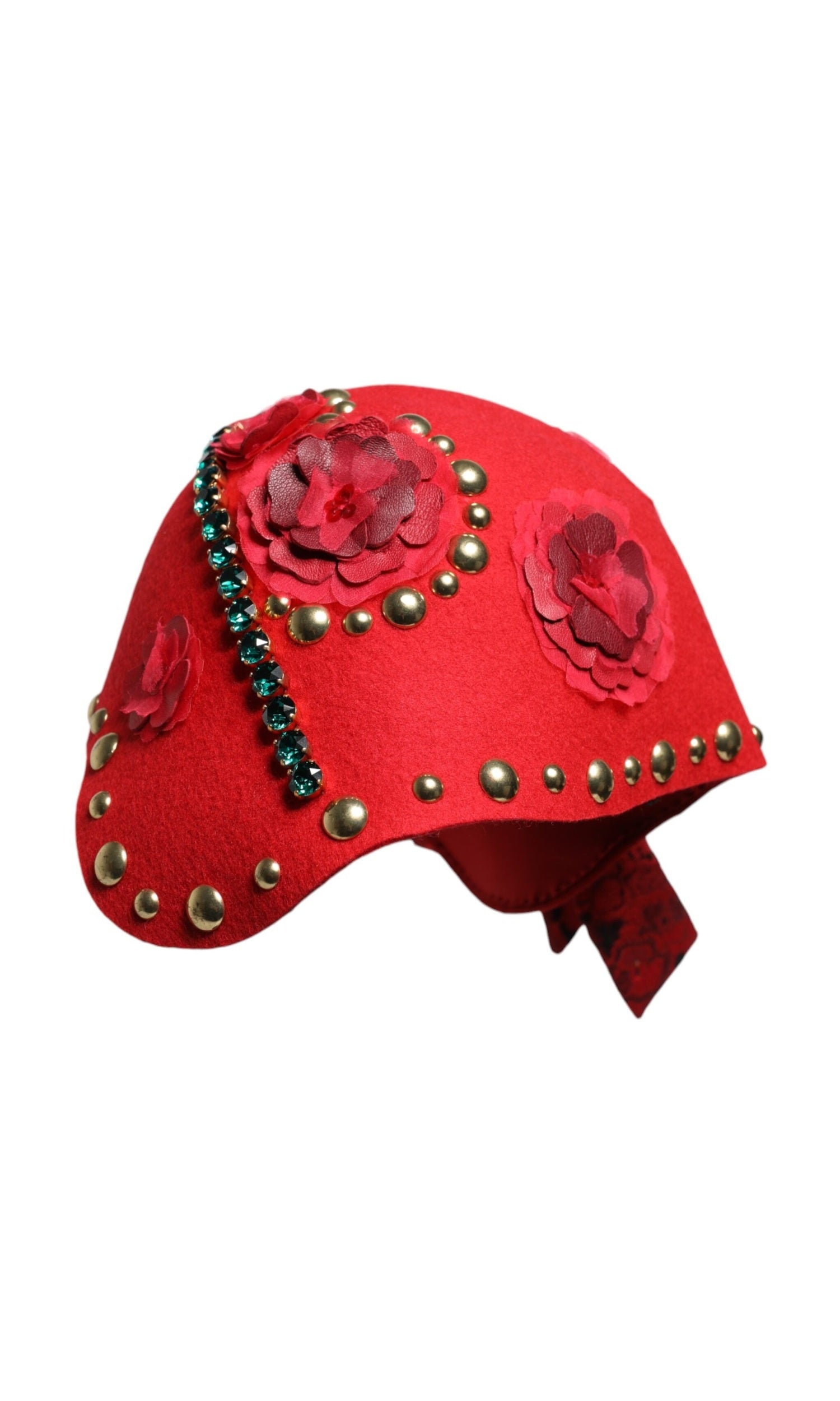 Dolce & Gabbana Red Crystal Gold Roses Brooch Embellished Hat Glam Steals