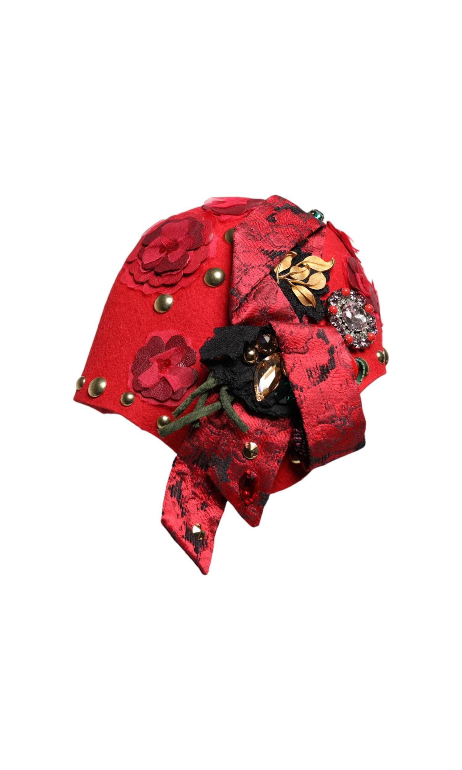 Dolce & Gabbana Red Crystal Gold Roses Brooch Embellished Hat Glam Steals