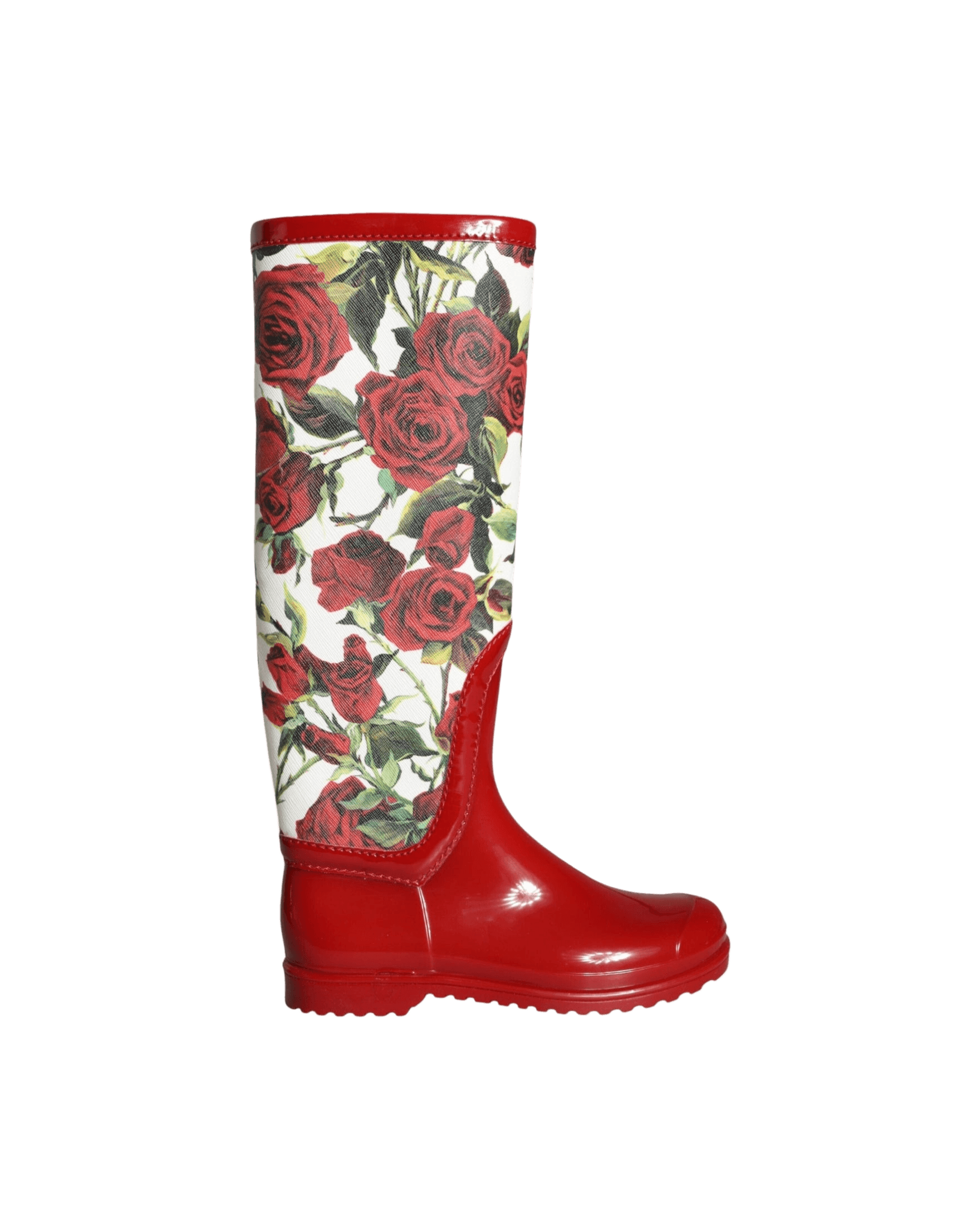 Dolce & Gabbana Red Floral Rubber Knee High Flat Boots Shoes Glam Steals