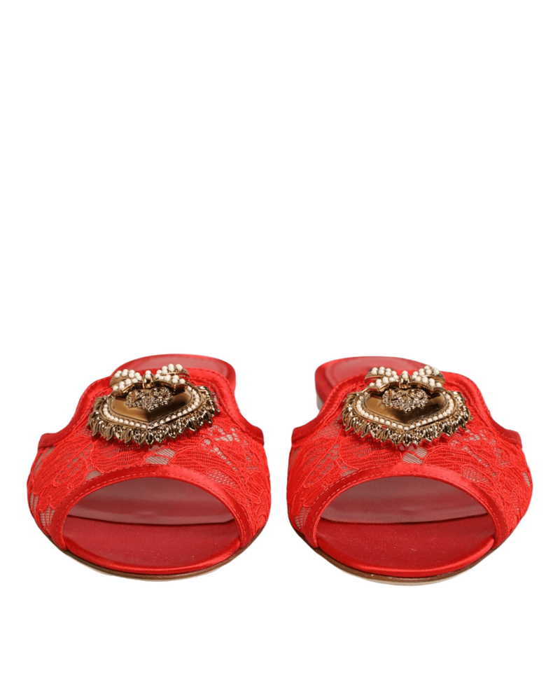 Dolce & Gabbana Red Lace Devotion Flats Slip On Sandals Shoes Glam Steals