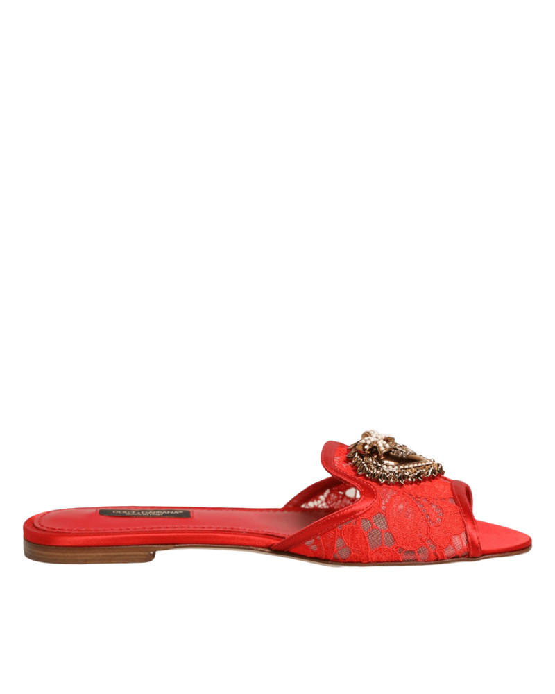 Dolce & Gabbana Red Lace Devotion Flats Slip On Sandals Shoes Glam Steals