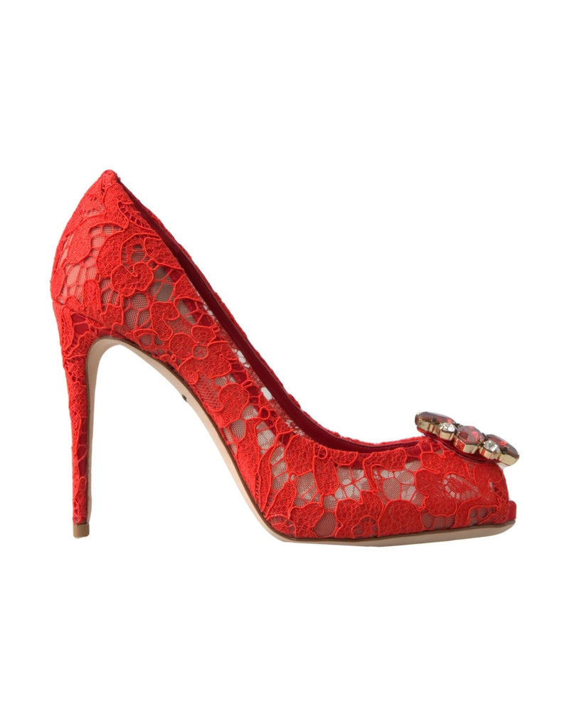 Dolce & Gabbana Red Lace Taormina Crystal Heels Pumps Shoes Glam Steals