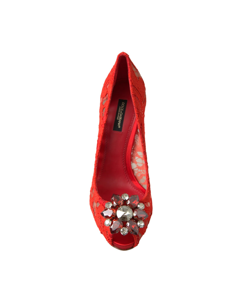 Dolce & Gabbana Red Lace Taormina Crystal Heels Pumps Shoes Glam Steals