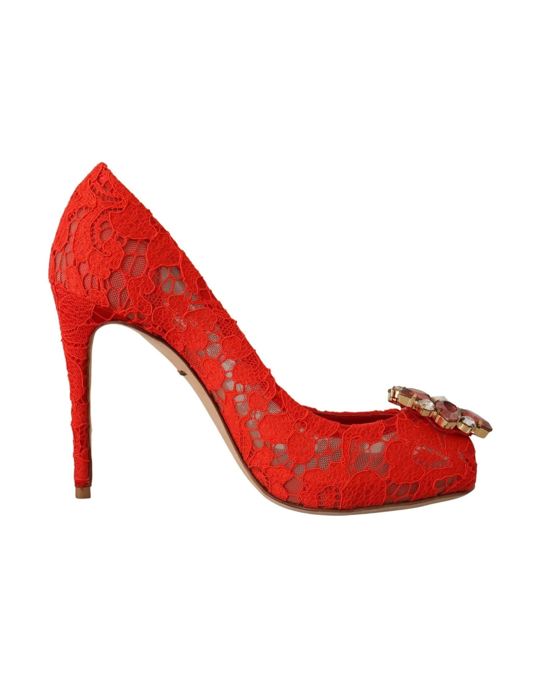 Dolce & Gabbana Red Lace Taormina Crystal Heels Pumps Heels