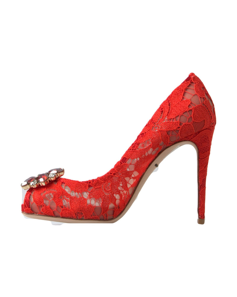 Dolce & Gabbana Red Lace Taormina Crystal Heels Pumps Shoes Glam Steals