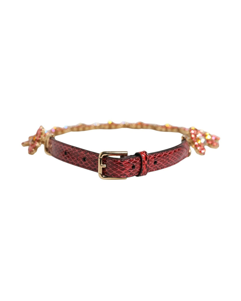 Dolce & Gabbana Red Leather Daisy Crystal Embellished Waist Belt 