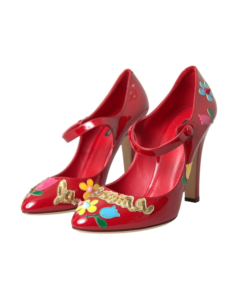 Dolce & Gabbana Red Leather Embellished Mary Jane Pumps Heels Shoes Heels