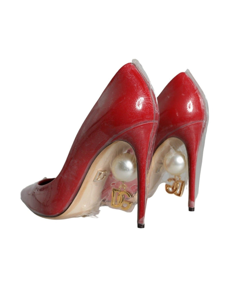 Dolce & Gabbana Red Patent Leather Faux Pearl Heels Pumps Shoes Heels