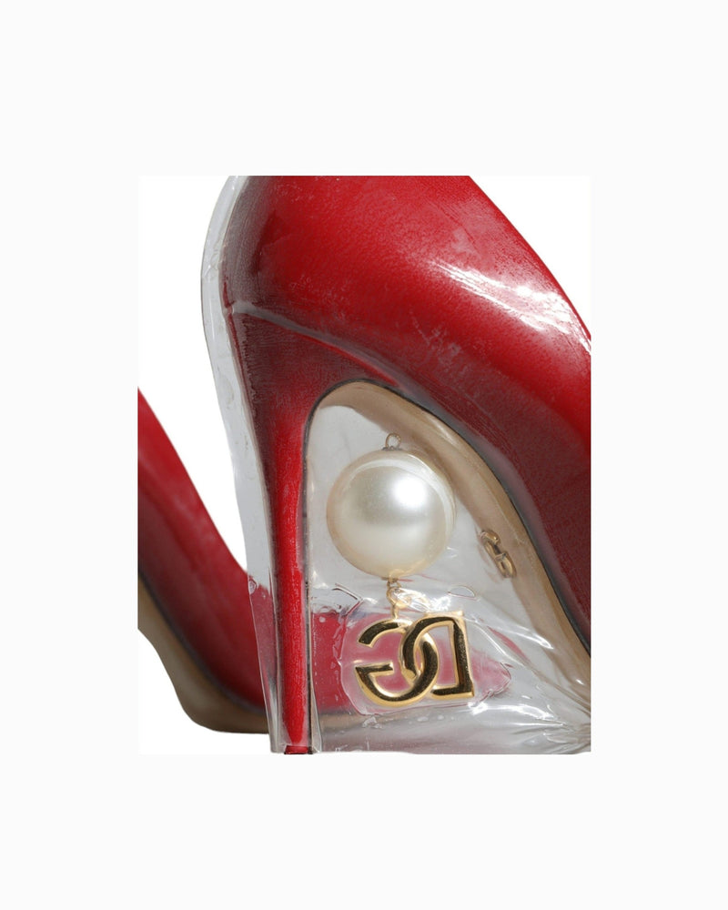 Dolce & Gabbana Red Patent Leather Faux Pearl Heels Pumps Shoes Heels