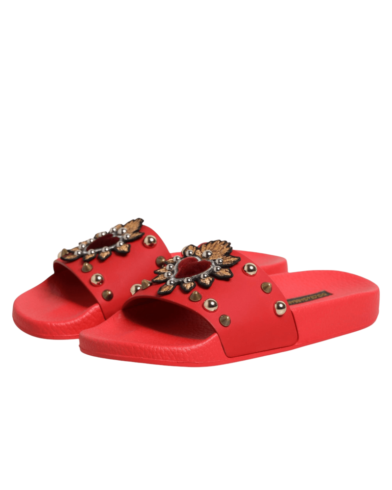 Dolce & Gabbana Red Sacred Heart Stud Slides Beachwear Shoes Glam Steals