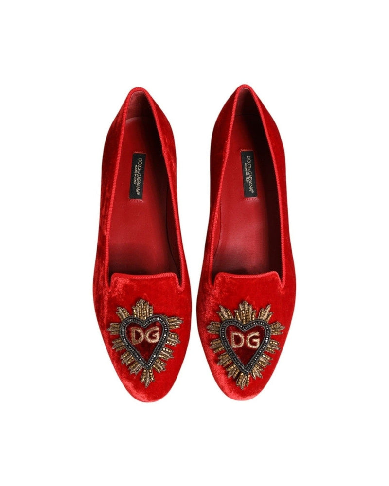 Dolce & Gabbana Red Velvet Dg Heart Loafers Flats Shoes Shoes