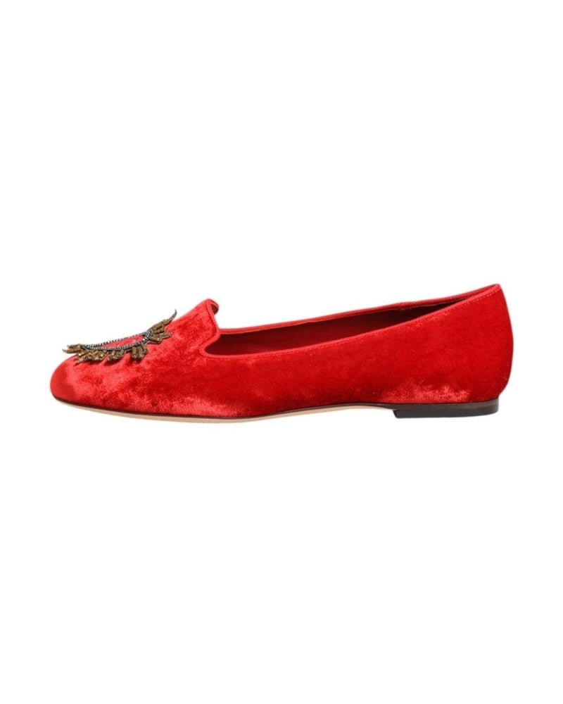 Dolce & Gabbana Red Velvet Dg Heart Loafers Flat Shoes Shoes