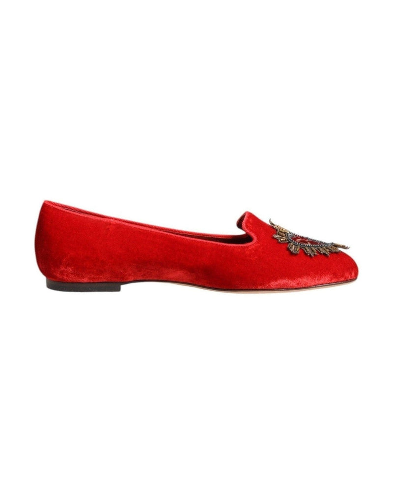 Dolce & Gabbana Red Velvet Dg Heart Loafers Flat Shoes Shoes