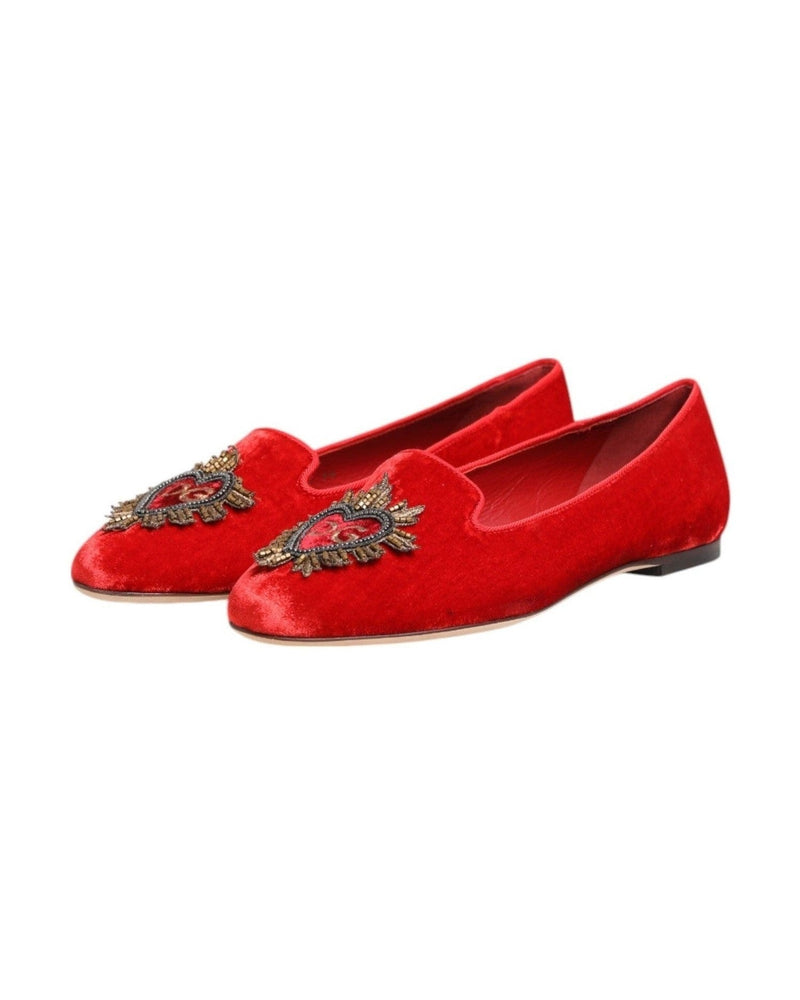 Dolce & Gabbana Red Velvet Dg Heart Loafers Flats Shoes Shoes