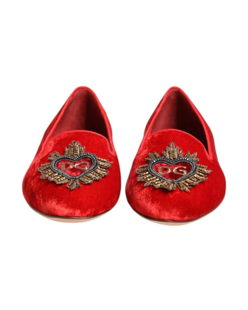 Dolce & Gabbana Red Velvet Dg Heart Loafers Flats Shoes Shoes
