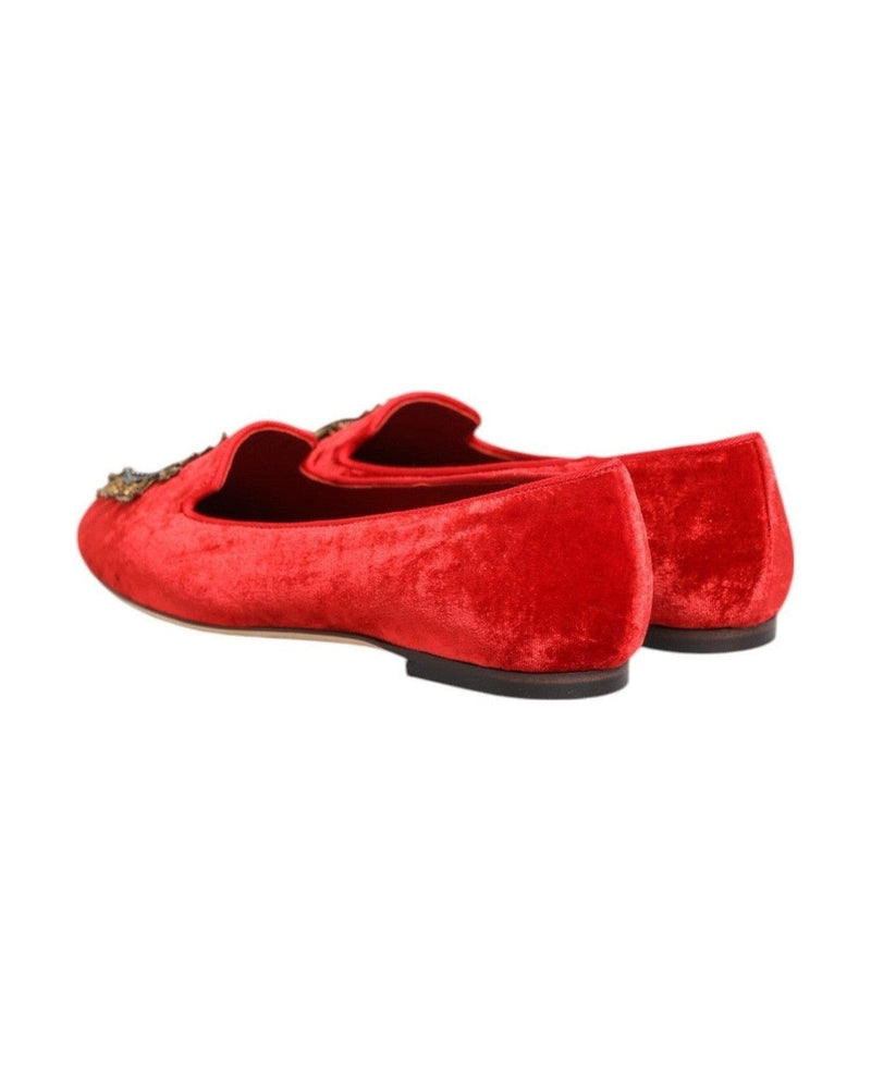 Dolce & Gabbana Red Velvet Dg Heart Loafers Flat Shoes Shoes