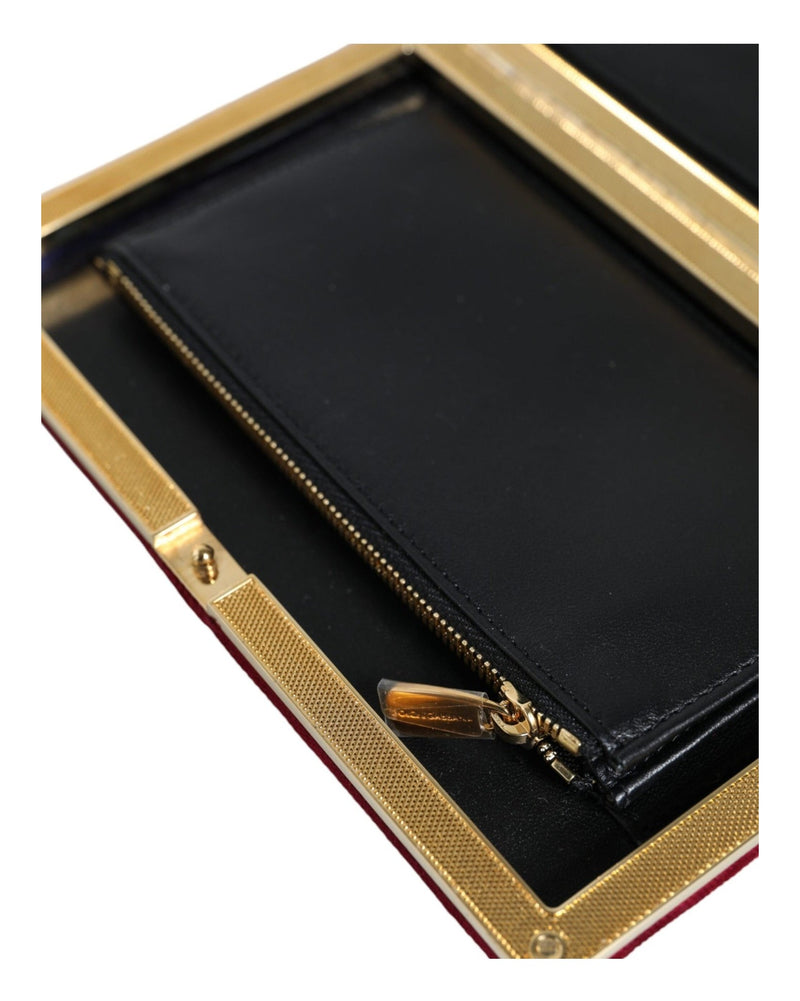 Dolce & Gabbana Velvet Frame Clutch Evening Party Purse Red Gold Bag Glam Steals
