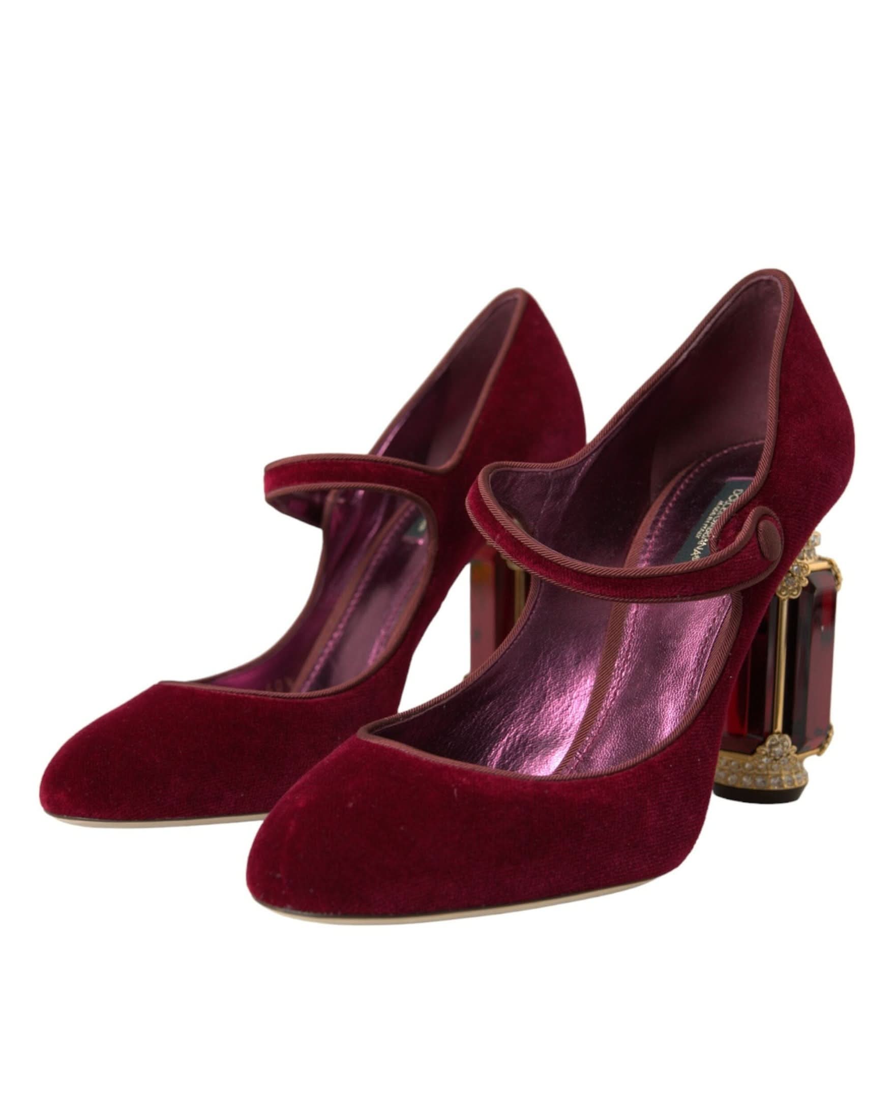 Dolce & Gabbana Red Velvet Gold Crystals Heels Mary Jane Shoes Heels