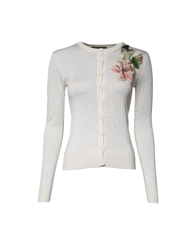Dolce & Gabbana Silk Cream Floral Embellished Cardigan Sweater Glam Steals