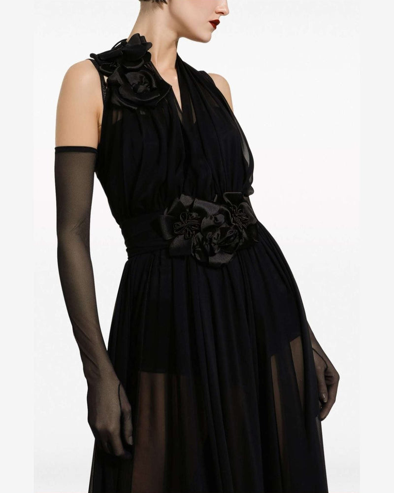 Dolce & Gabbana Silk Long Chiffon Dress with Floral Appliqué Glam Steals