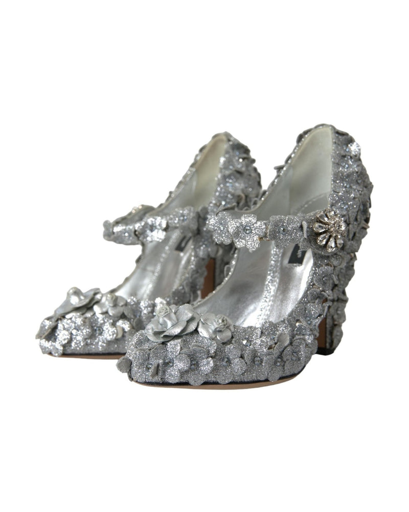 Dolce & Gabbana Silver Floral Crystal Mary Jane Pumps Shoes Glam Steals