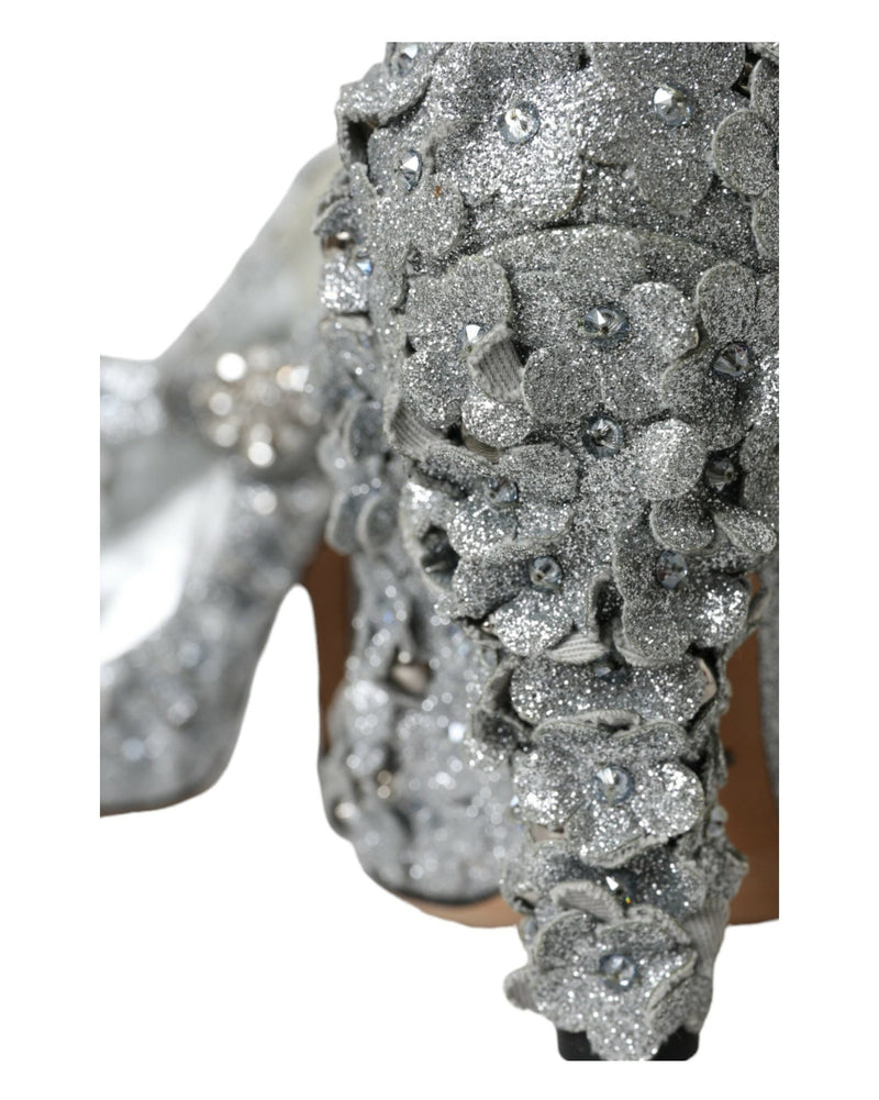 Dolce & Gabbana Silver Floral Crystal Mary Jane Pumps Shoes Glam Steals