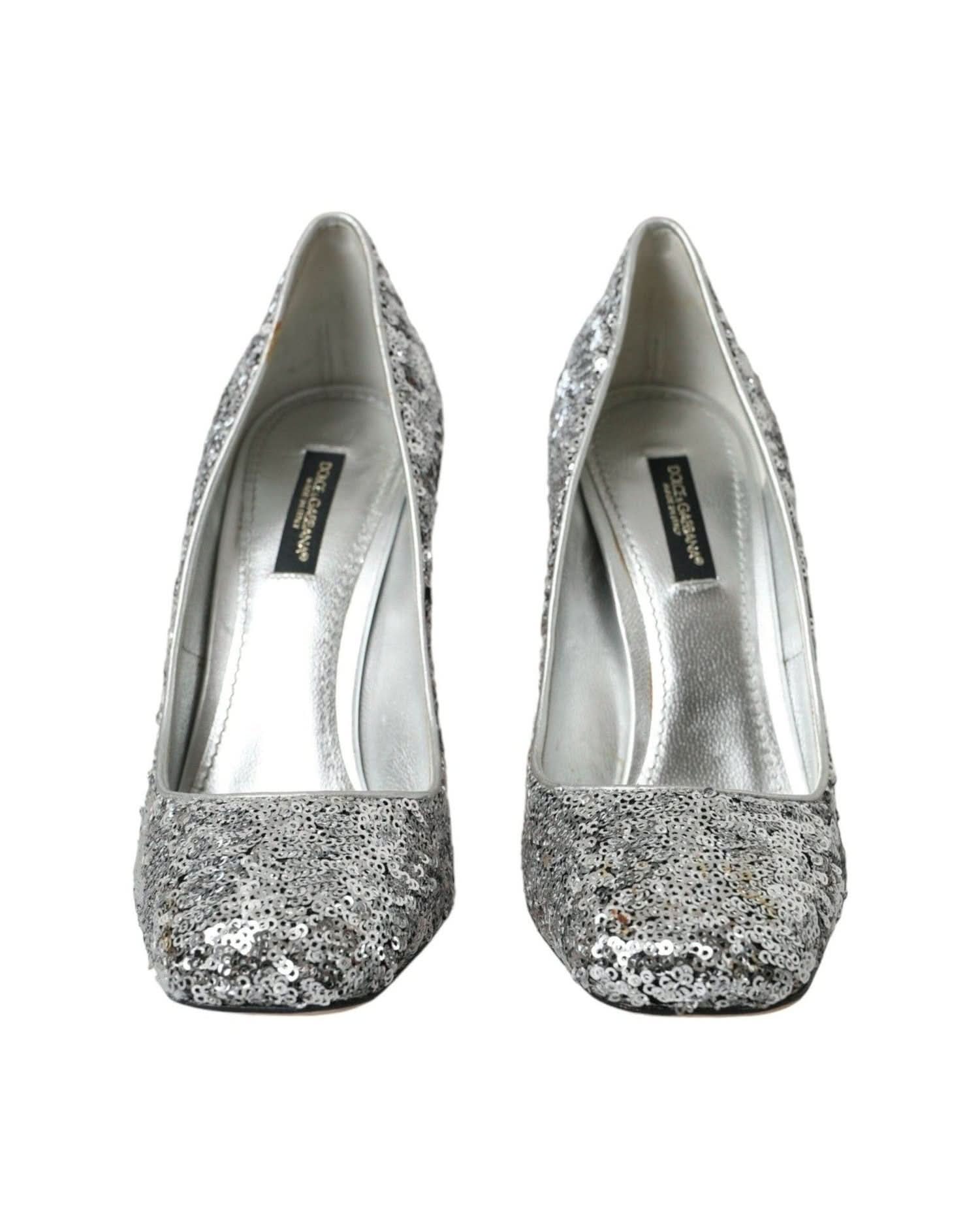 Dolce & Gabbana Silver Sequin Embellished Heels Pumps Shoes Heels