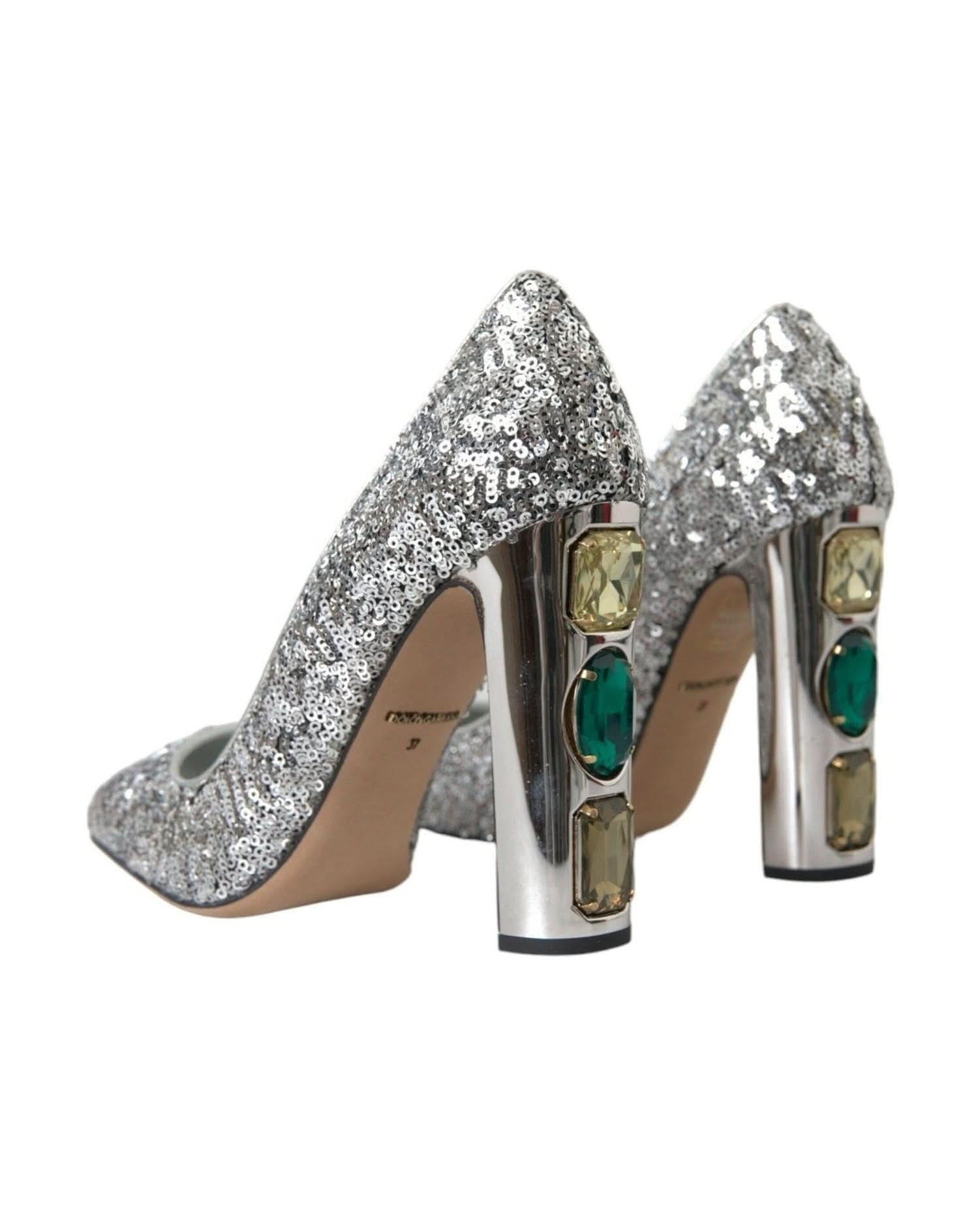 Dolce & Gabbana Silver Sequin Embellished Heels Pumps Shoes Heels