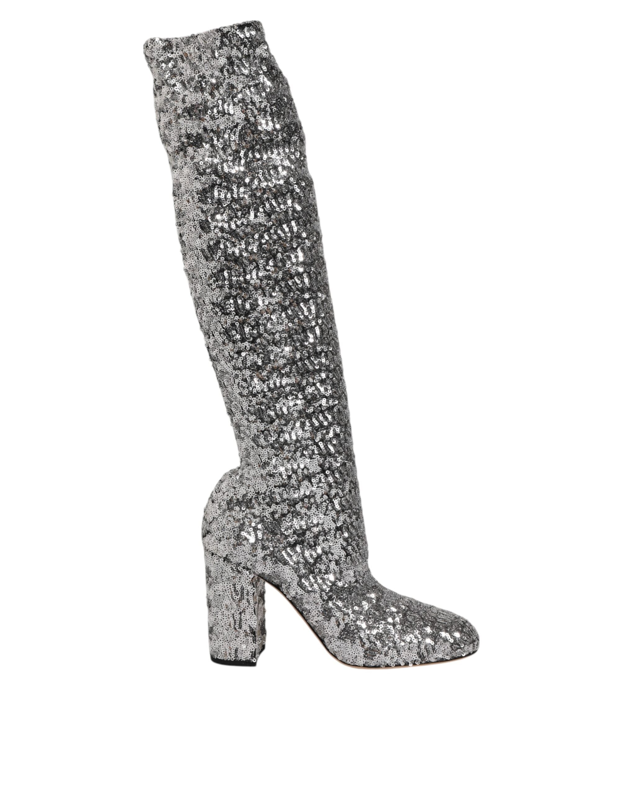 Dolce & Gabbana Silver Shoes Sequins Glitter High Heel Boot Glam Steals
