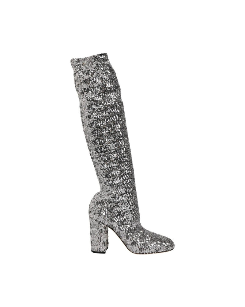 Dolce & Gabbana Silver Shoes Sequins Glitter High Heel Boot Glam Steals