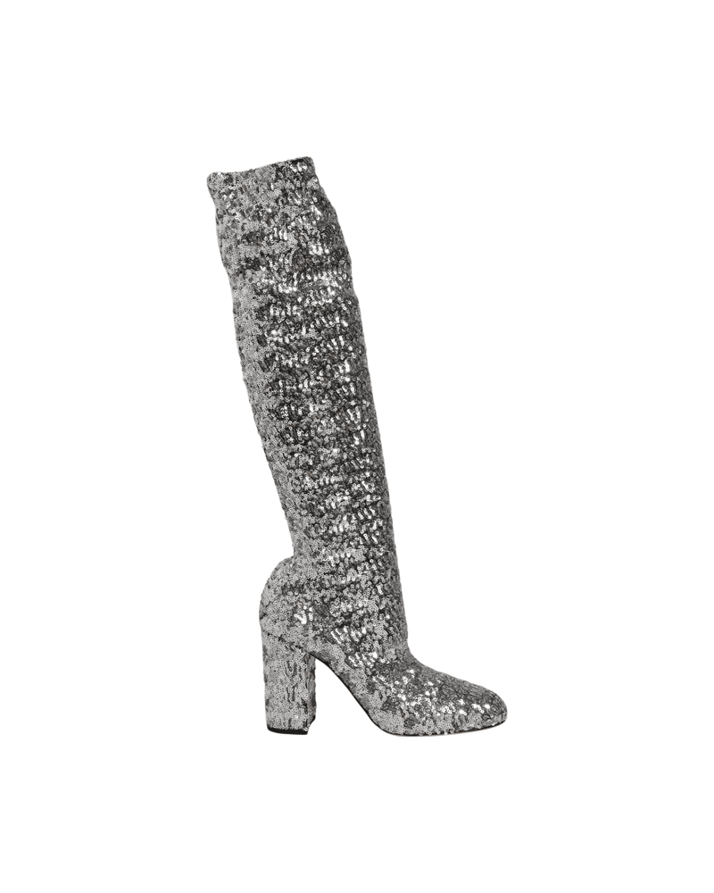 Dolce & Gabbana Silver Shoes Sequins Glitter High Heel Boot Glam Steals