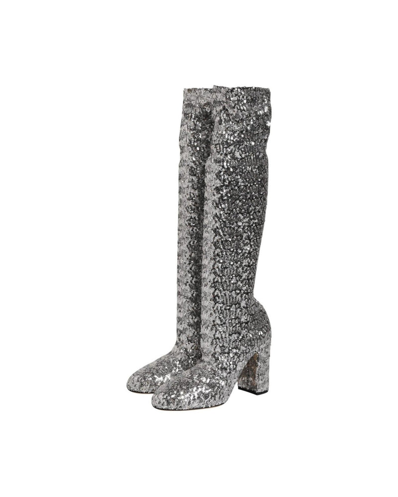 Dolce & Gabbana Silver Shoes Sequins Glitter High Heel Boot Glam Steals